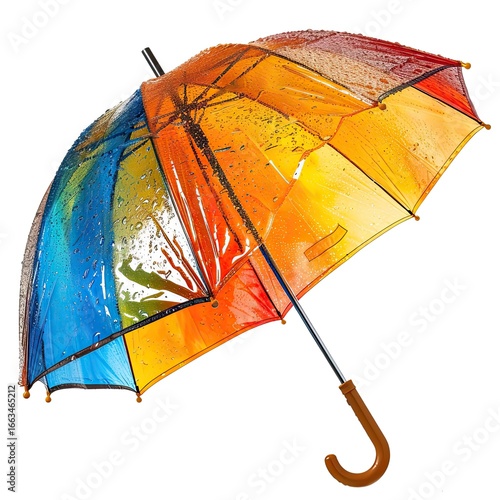 Colorful umbrella with raindrops, displaying a vibrant array of hues including blue, orange, and red.  The transparent canopy is adorned with water droplets, giving a dynamic and artistic feel
