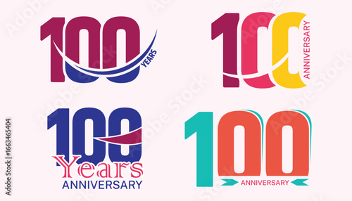 Set of 100th anniversary logos and celebration badges. Modern vector design templates for corporate events.