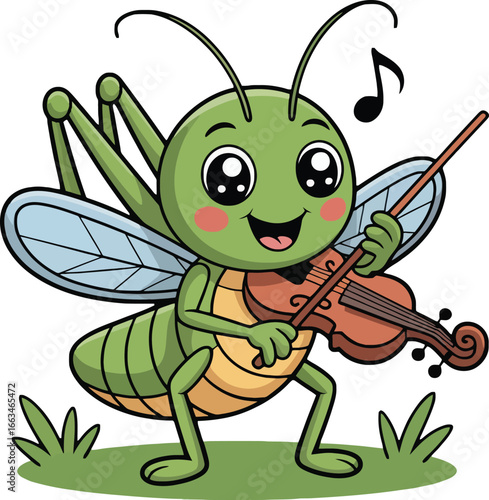 A funny cartoon bug illustration of a cute green flying insect with wings