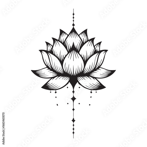 Blooming lotus flower Silhouette centered on a white background. 