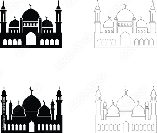 Silhouette of a mosque skyline with multiple domes and minarets, flat bold black vector