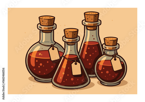 Vintage glass bottles with corks and amber liquid illustration