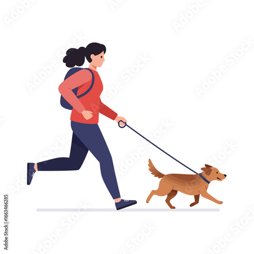 A vibrant illustration depicts an active young woman in sportswear, happily running outdoors with her small brown dog on a leash, enjoying a healthy lifestyle.