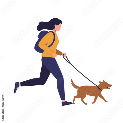 An energetic woman with a backpack is depicted running alongside her happy brown dog on a leash, symbolizing active pet ownership and outdoor adventure.