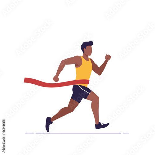 An athletic man crosses the finish line, celebrating a triumphant victory in a competitive race, symbolizing success and achievement.