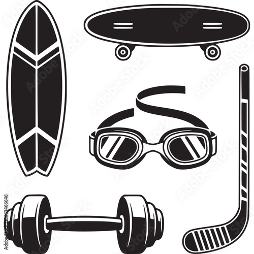 Art of collection of sports and fitness equipment including a surfboard, skateboard, goggles, dumbbell, and hockey stick, representing active lifestyles and recreational pursuits