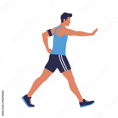 A fit young man in sportswear is actively engaged in a dynamic walking lunge or stretching exercise, promoting health and wellness.