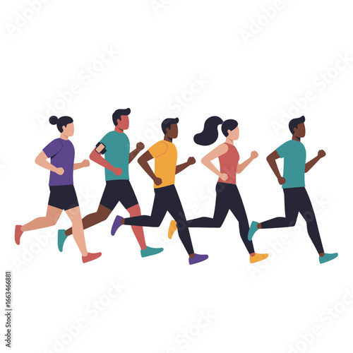 A diverse group of men and women of various ethnicities are actively running together in a dynamic and healthy outdoor exercise illustration.