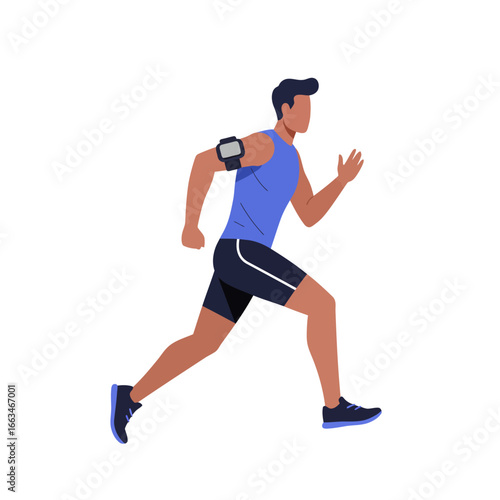 An athletic man in sportswear runs with an armband device, symbolizing health, active lifestyle, and modern fitness technology.