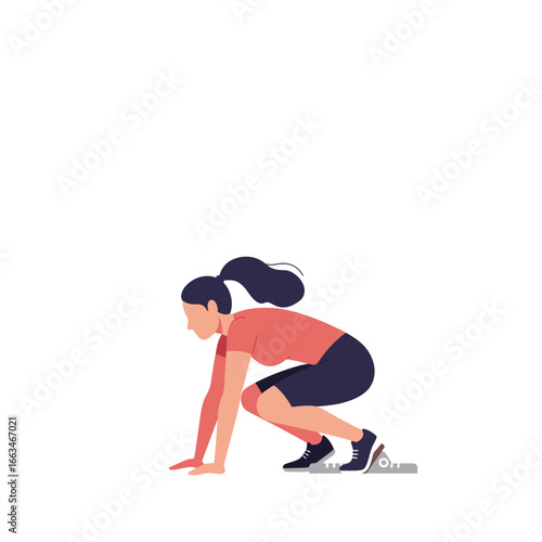 A determined young woman in athletic attire prepares for an intense workout or race, demonstrating focus and readiness for physical activity.