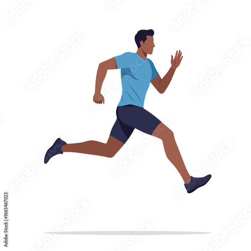 A dynamic vector illustration captures a fit, dark-skinned man in mid-stride, actively running or jogging with determination and energy.