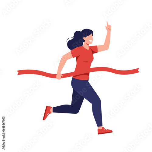 A triumphant young woman, depicted in a vibrant illustration, joyfully crosses the finish line, celebrating her achievement and success in a race.