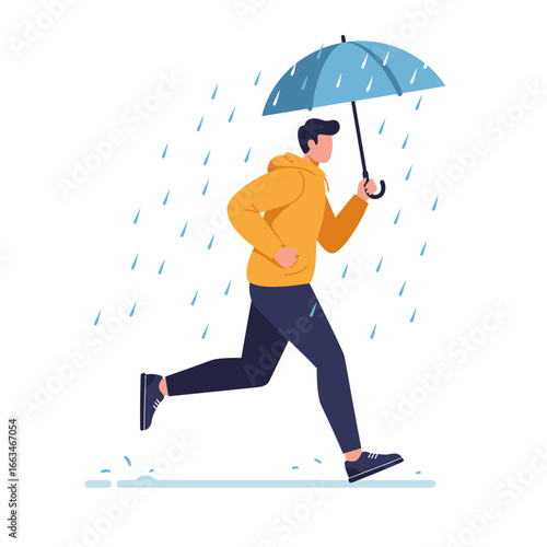 A determined man in a yellow hoodie runs swiftly through a downpour, holding a blue umbrella to shield himself from the falling rain.