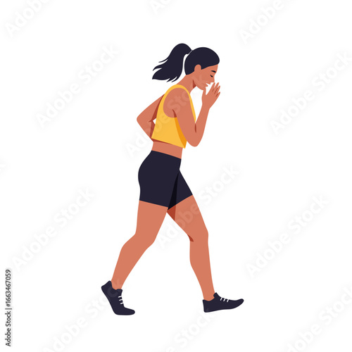 A determined young woman with a ponytail, dressed in athletic wear, engages in a healthy outdoor run, depicted in a modern flat vector illustration.