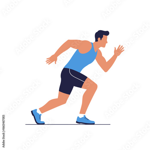 A dynamic male athlete, dressed in a blue tank top and shorts, is captured in a powerful starting stance, ready to sprint with speed and determination.