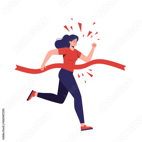 A determined woman triumphantly breaks through a vibrant red finish line, symbolizing achievement, success, and the completion of a challenging race.