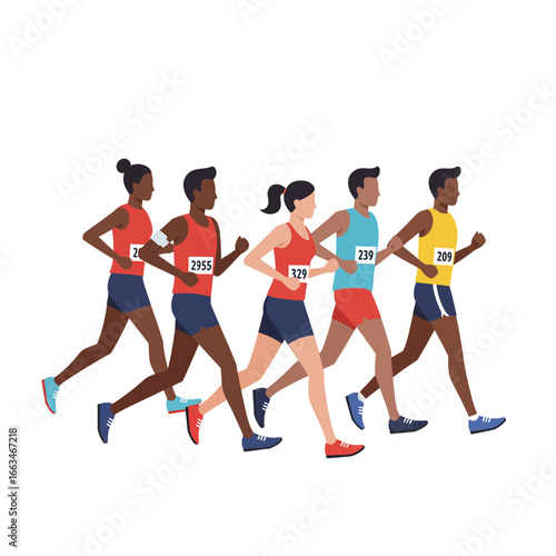 A diverse group of five athletes, including men and women, energetically participates in a competitive race or speed walking event, showcasing fitness and teamwork.