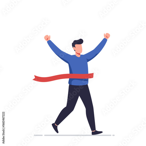 This vibrant illustration depicts a triumphant individual with arms raised, breaking a red finish line, embodying success, goal achievement, and overcoming challenges.
