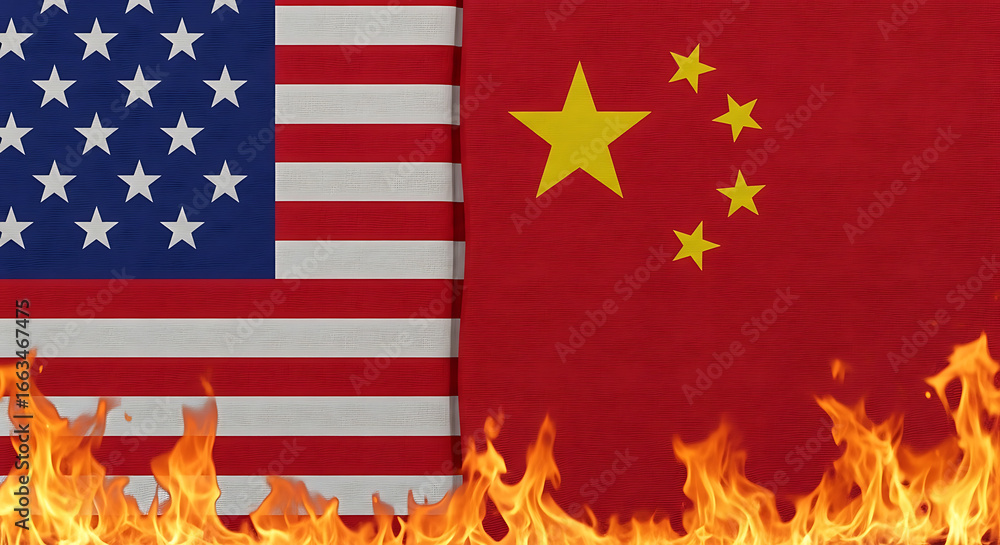 Fototapeta premium Escalating tensions: USA and China flags engulfed in flames symbolizing conflict