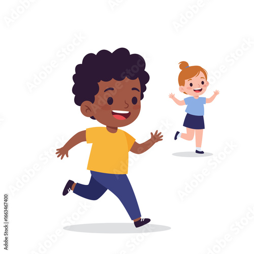 A delightful illustration captures two cheerful, diverse young children, a boy and a girl, joyfully running and playing, embodying friendship and carefree childhood.