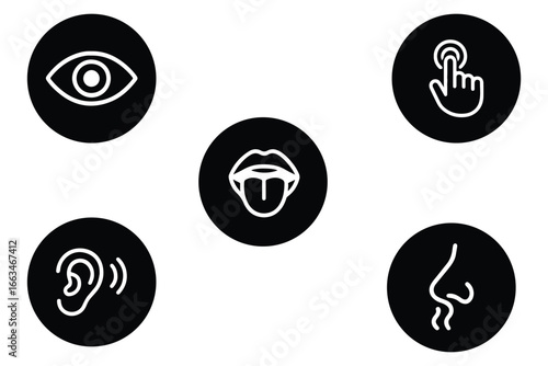 Five human senses editable stroke outline icons set isolated on white background flat vector illustration.