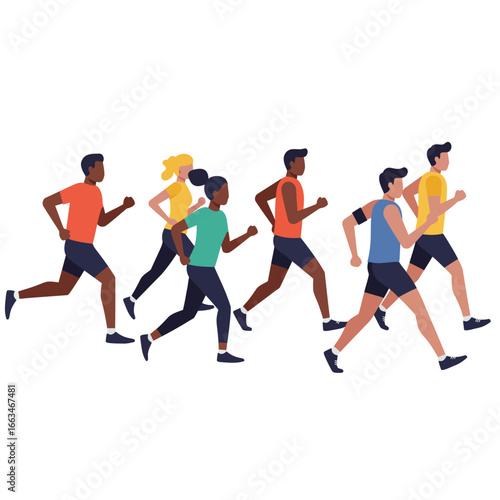 A diverse group of men and women of various ethnicities are running together, illustrating health, fitness, and community spirit in a vibrant vector.