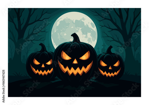 Spooky halloween night with glowing pumpkins and full moon in a haunted graveyard