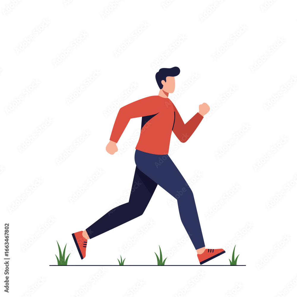 Obraz premium A clean flat illustration depicts an energetic young man in a red shirt and blue pants, running outdoors, symbolizing health, fitness, and an active lifestyle.