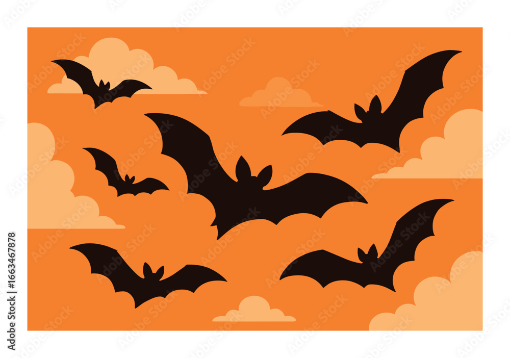 Naklejka premium Silhouetted bats flying against orange sky with clouds