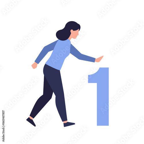 A determined woman in a modern flat design illustration actively reaches out to touch the prominent number one, symbolizing a fresh start, initial phase, or achieving a primary goal.