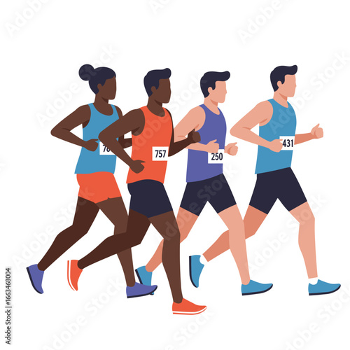 A diverse group of athletes, including men and women, energetically participates in a competitive running race, showcasing fitness and a healthy lifestyle.