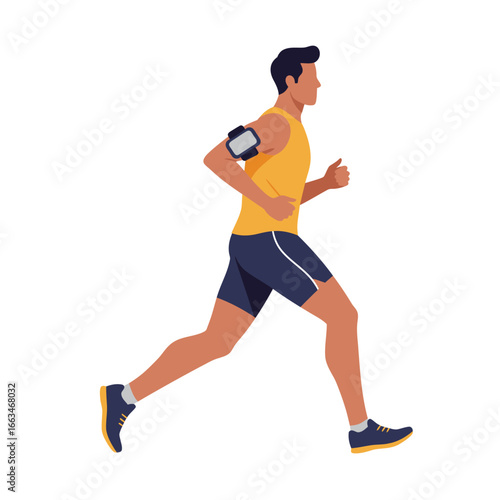 A fit young man in athletic attire is actively jogging with a smartphone armband, embodying a healthy and active lifestyle through outdoor exercise.