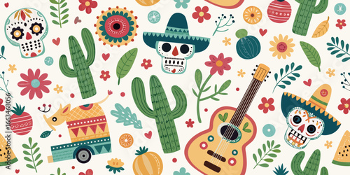 seamless pattern with Mexican culture celebrating icons 