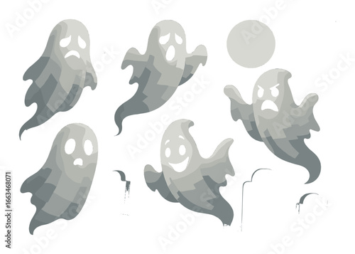 Floating cartoon ghosts with various expressions in moonlit night sky
