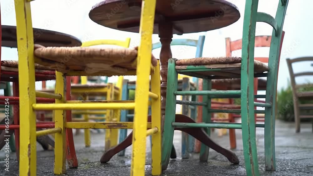 Colorful Weathered Wooden Chairs and Tables on Wet Pavement Creating a Vibrant Rustic Scene Outdoors Colorful Weathered Wooden Chairs and Tables on Wet Pavement Creating a Vibrant Rustic Scene Outdoors