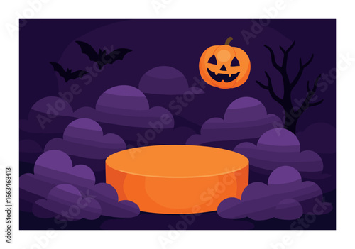 Halloween display with jack-o'-lantern, bats, and purple clouds on dark background