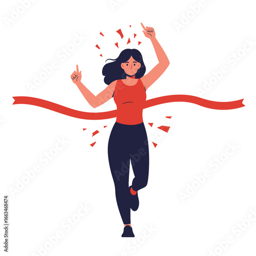 A jubilant woman crosses the finish line, celebrating her victory in a race with arms raised and confetti falling around her, embodying success.
