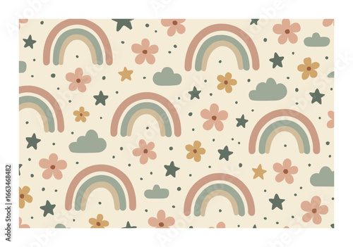 Pastel rainbows and stars seamless pattern with flowers and clouds
