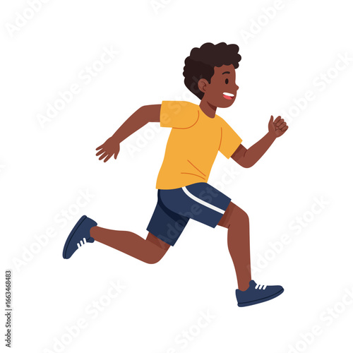 A happy African American boy in a yellow t-shirt and blue shorts runs with a wide smile, embodying youthful energy, health, and active movement.