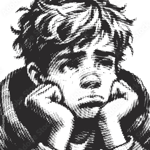 Sad Pouting Boy Vector Art - Emotional Digital Illustration of a Child with Hands on Cheeks - Dotted Line Style