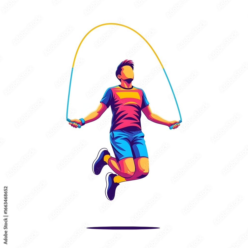 Fototapeta premium A man in a colorful shirt is jumping rope on a white background.