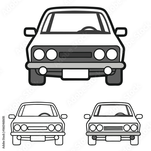 Cartoon Car Icons Depicting Vehicle Front View with Different Styling Variations