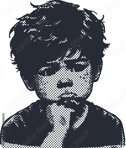 Digital illustration of a young boy with a sad or pouting expression, rendered in a striking black and white halftone style.
