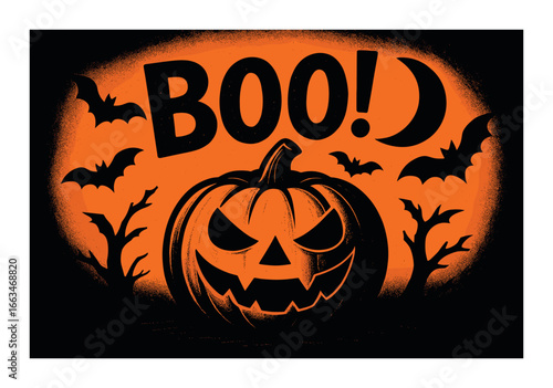 Spooky halloween poster with jack-o'-lantern and bats at night