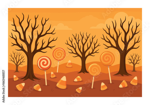 Whimsical candy landscape with lollipop trees and candy corn in autumn colors