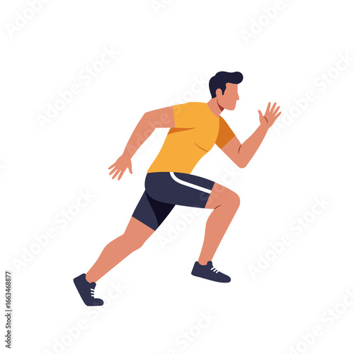An active young man in athletic attire is captured in a dynamic sprinting pose, showcasing speed and determination on a clean white background.