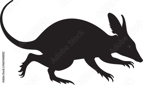 Aardvark in Full Sprint Body elongated with legs racing swiftly, and tail trailing behind in a dynamic stride. Full-length silhouette black vector design.