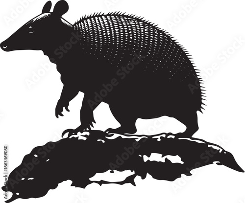 Armadillo Ascending Body positioned slightly upright with legs gripping a surface as it climbs over rocks or logs. Full-length silhouette black vector design.