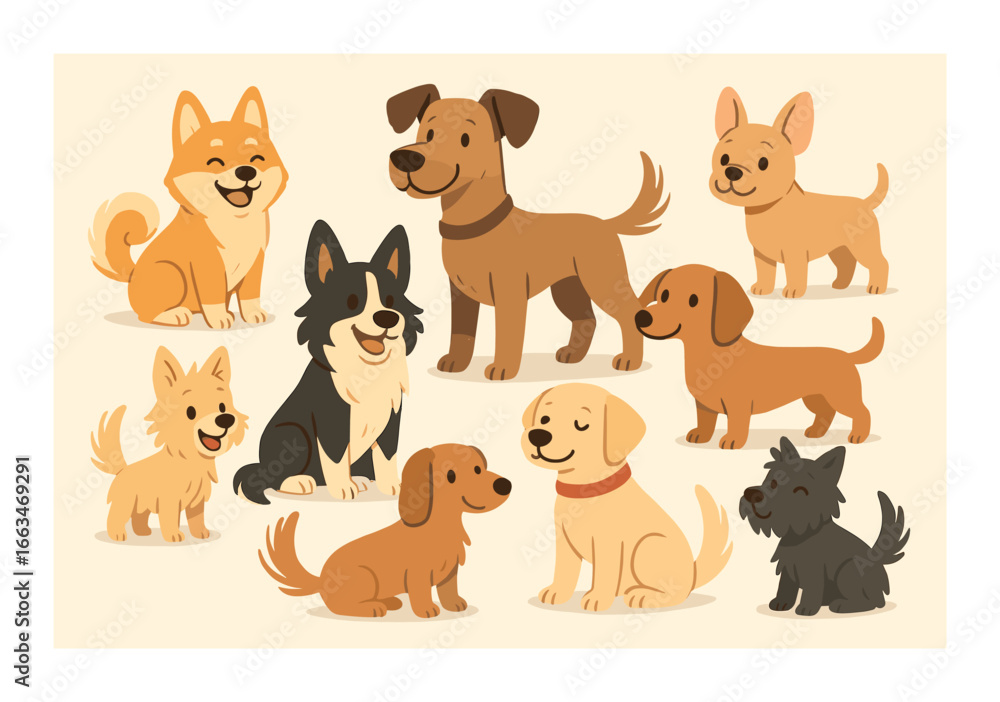 Cute cartoon dogs in various breeds happy group illustration Cute cartoon dogs in various breeds happy group illustration