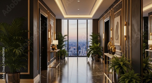 Luxury Hotel Corridor with City View